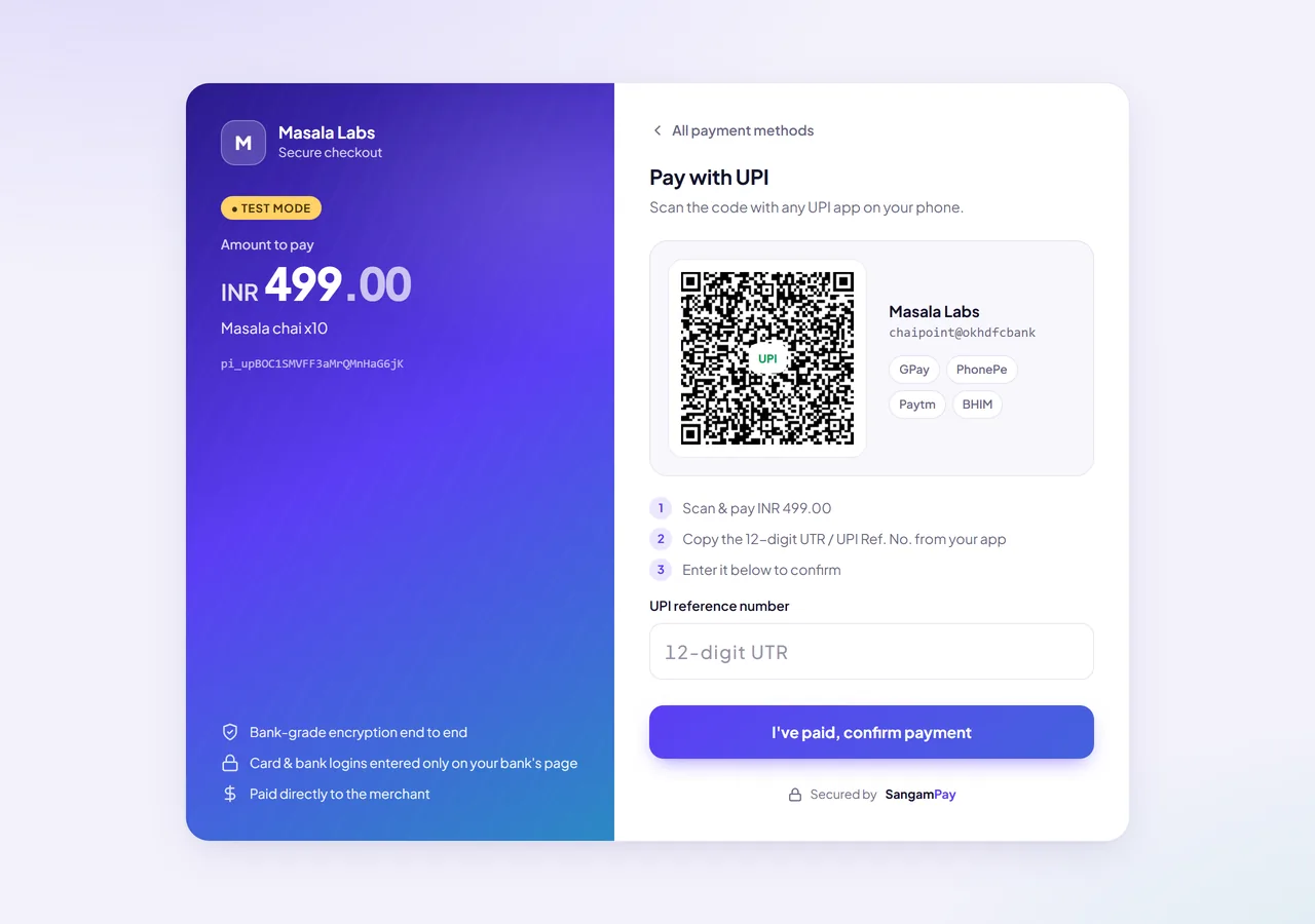 UPI checkout with QR code